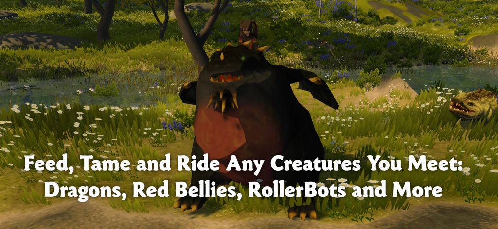 A character riding a large fantasy creature in a green field with white flowers in the game Wilderless