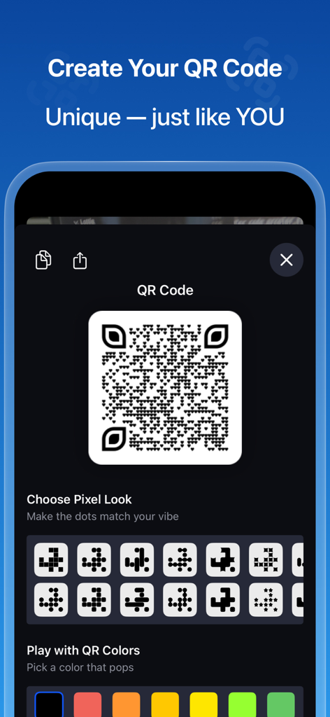 다른 픽셀 패턴 및 색상으로 QR 코드를 생성하고 사용자 정의하는 인터페이스.