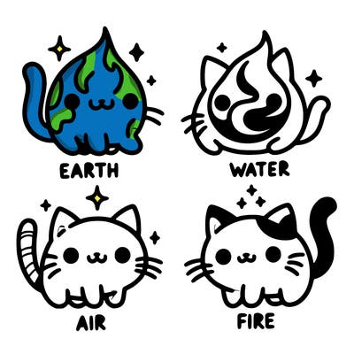 4 cats that represent the different elements, earth, water, air, and fire