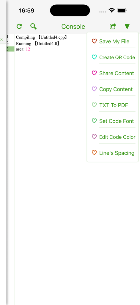 The console view of the C++ IDE Fresh Edition app featuring code execution output and a list of utility settings.
