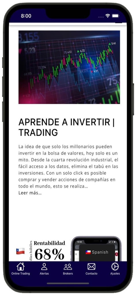 Trading EF - Mobile interface of Trading EF app with a stock chart and a learning section in Spanish about investment.