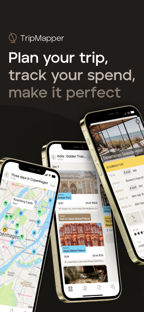 Pantallas de la aplicación TripMapper que muestran itinerarios interactivos, vistas de mapas y seguimiento de presupuesto de viaje para viajeros organizados