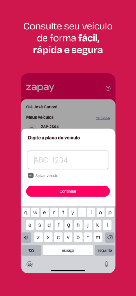 Zapay app screen for entering a vehicle license plate to check Brazilian taxes and fines.