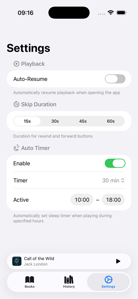 AudioBooks - MP3 & M4B player - Menu des paramètres de l'application AudioBooks montrant la durée du saut et les contrôles de la minuterie automatique