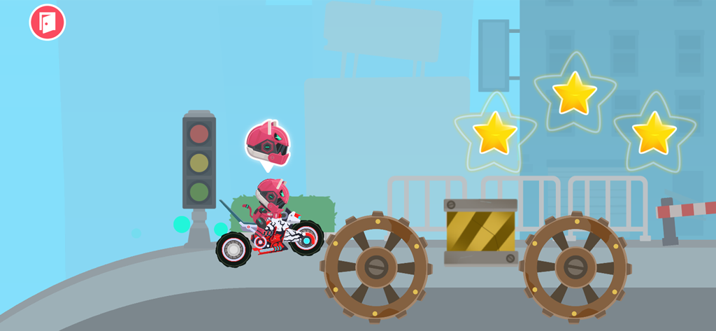 Ein Charakter fährt ein rosa Motorrad in einem städtischen Rennlevel mit Sternen und Ampeln.