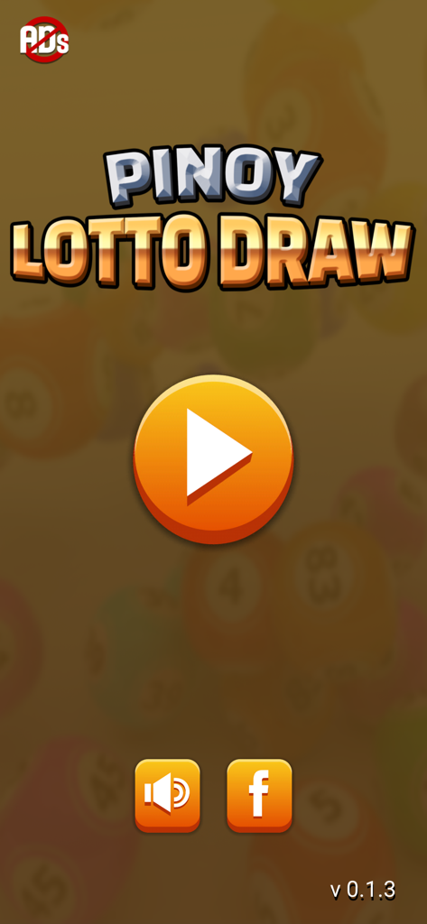 Pinoy Lotto Draw - Home screen of the Pinoy Lotto Draw app featuring a large play button and stylized logo