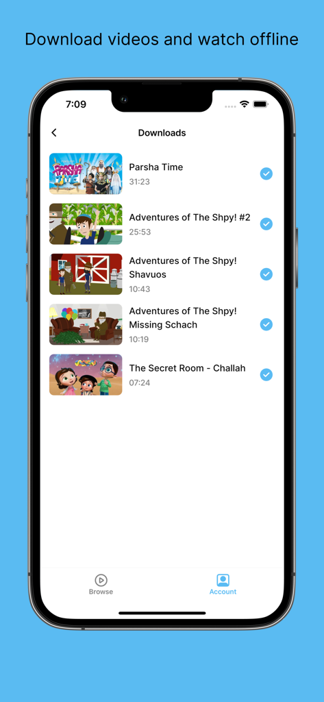 Toveedo app interface showing a list of downloaded Jewish educational videos available for offline viewing
