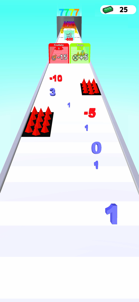 Number Merge Run : Shooting - Gameplay of Number Merge Run Shooting showing a number running on a track toward mathematical gates and obstacles.