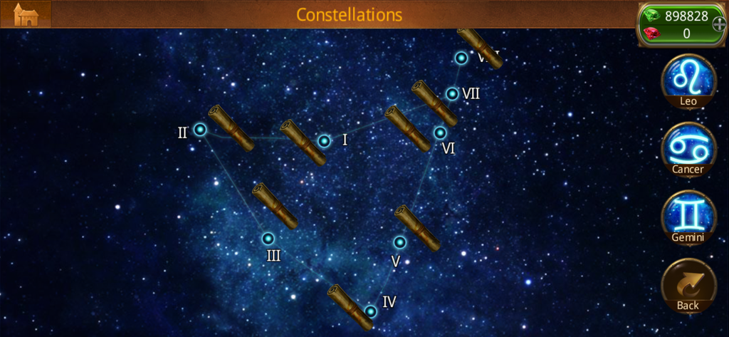 Heroes of Camelot - Heroes of Camelot game screen showing the Constellations interface with zodiac icons and a star map