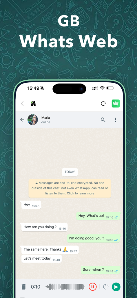 Dual Messenger for Web chat - iPhone screenshot showing a chat interface within the Dual Messenger for Web chat app