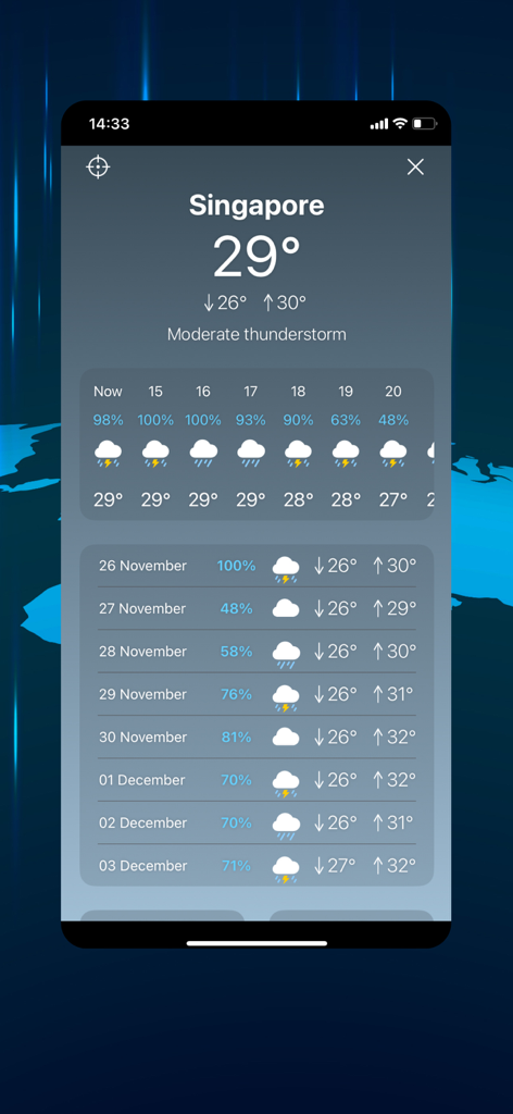 Weather Scope Live - Radar Map - Interfaz de la aplicación Weather Scope Live mostrando un pronóstico detallado del clima diario y por hora para Singapur.