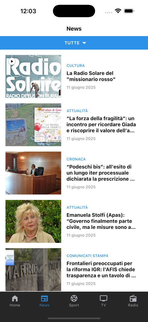 San Marino RTV - Seção de feed de notícias do aplicativo San Marino RTV exibindo categorias de notícias locais em italiano