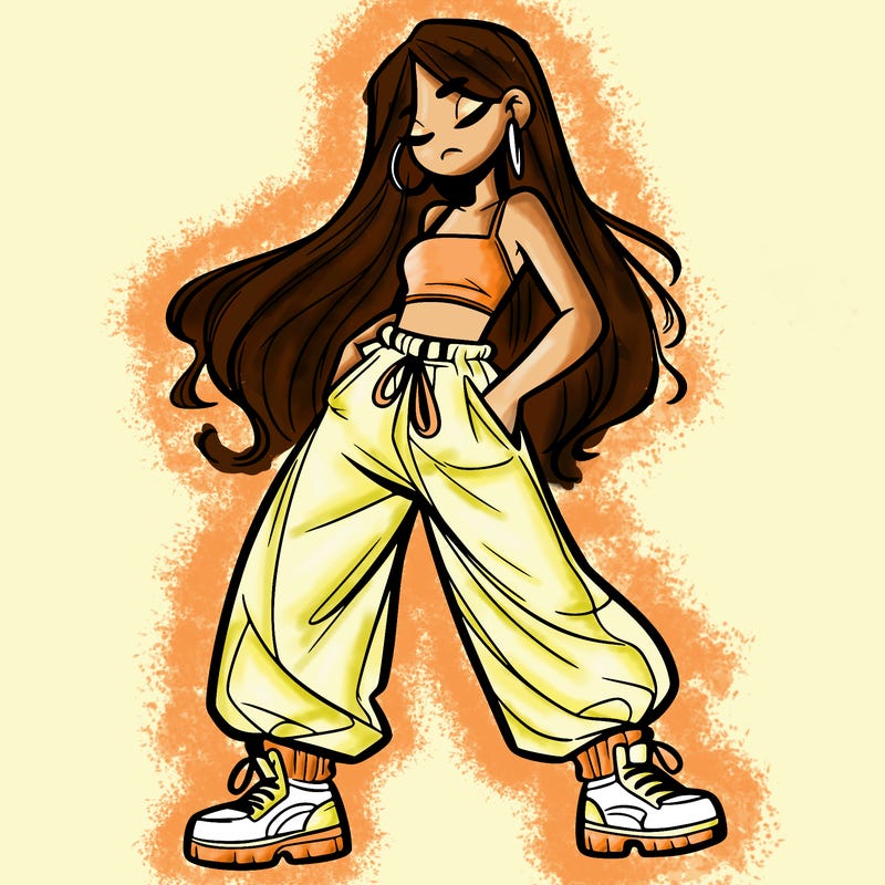 girl in baggy pants crop top and long hair