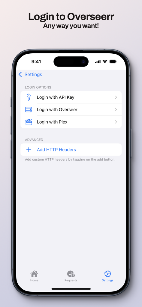 Ovue for Overseerr - Ovue login screen showing authentication options for API Key, Overseerr, and Plex login