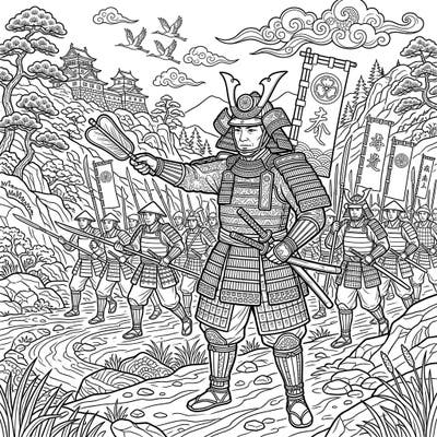 Command your colors with this striking adult coloring page featuring an stoic samurai commander. Dive into a world of historical warfare and intricate designs, perfect for a relaxing coloring session.