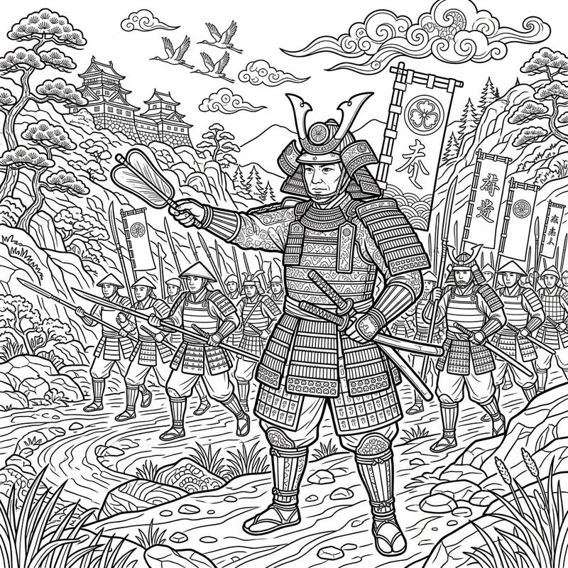 Command your colors with this striking adult coloring page featuring an stoic samurai commander. Dive into a world of historical warfare and intricate designs, perfect for a relaxing coloring session.