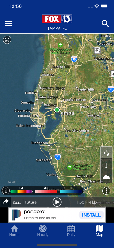 Interactive radar map of the Tampa Bay area on the FOX 13 SkyTower Weather app