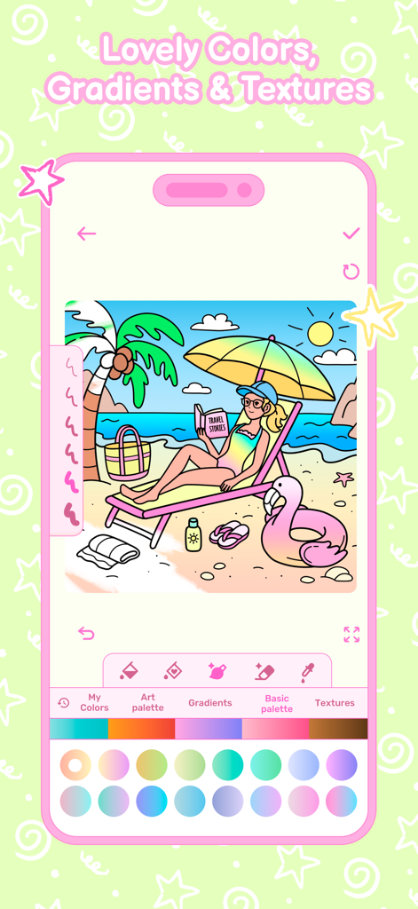 Cozy Girl Life: Coloring Book - Digital coloring book interface showing a beach scene with a girl reading and various aesthetic color gradients