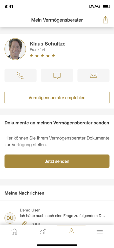 Finanzberater-Profil und Kontaktbildschirm in der MeineApp DVAG App