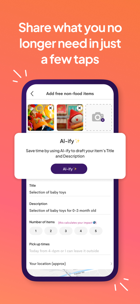 OLIO - Interface of the OLIO app showcasing the AI-ify feature to quickly create listings for free items like baby toys.