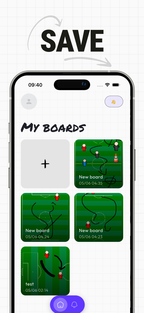 Soccer tactics board - Sply - Mobile app screen displaying multiple saved soccer tactical boards with player positions and movements