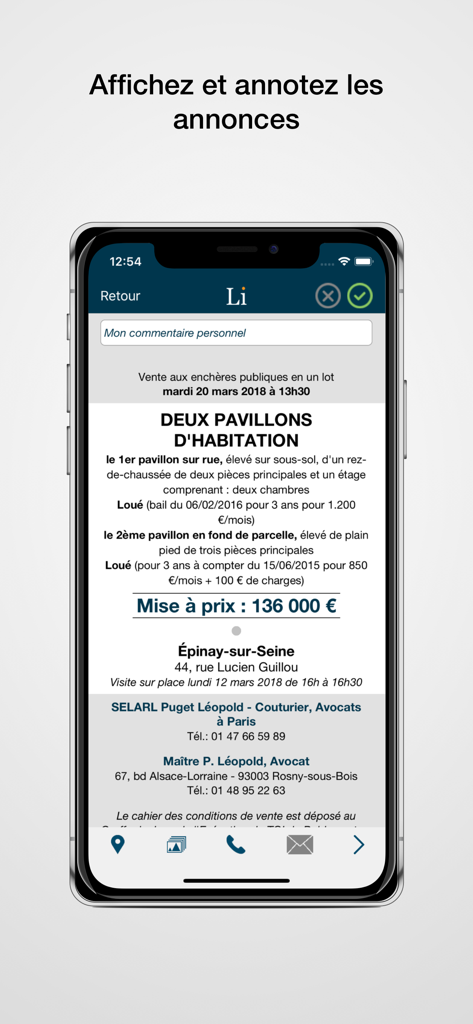 Licitor - Mobile app screen showing a judicial real estate auction listing for two houses with an annotation field and starting price