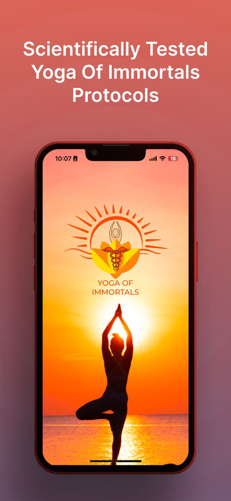 Smartphone screen displaying the Shiv Yog app with the text Scientifically Tested Yoga Of Immortals Protocols and a person practicing yoga at sunset