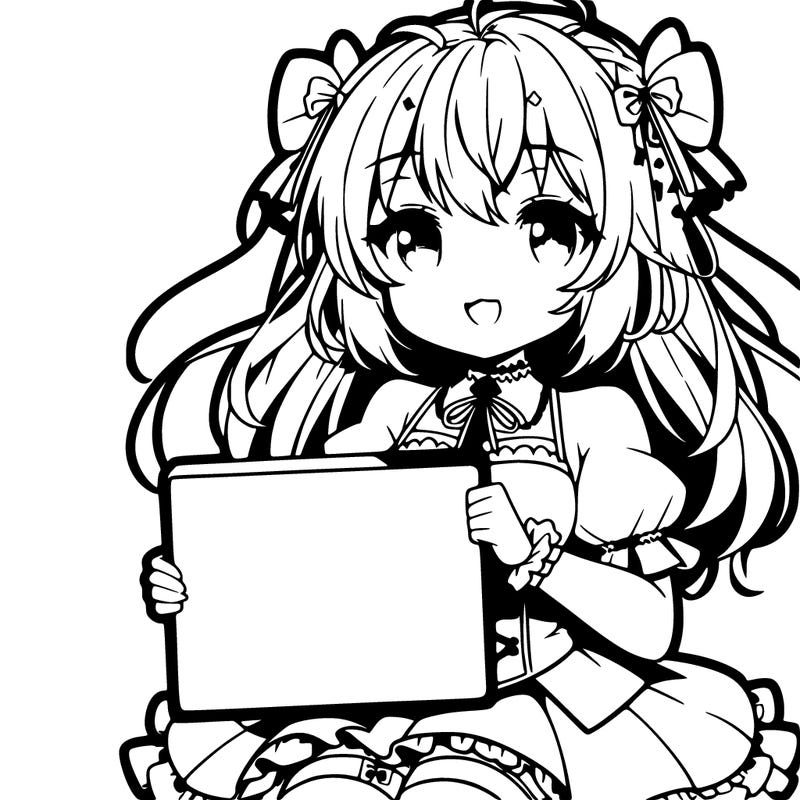 anime girl holding a sign that’s blank, sitting or standing,smiling