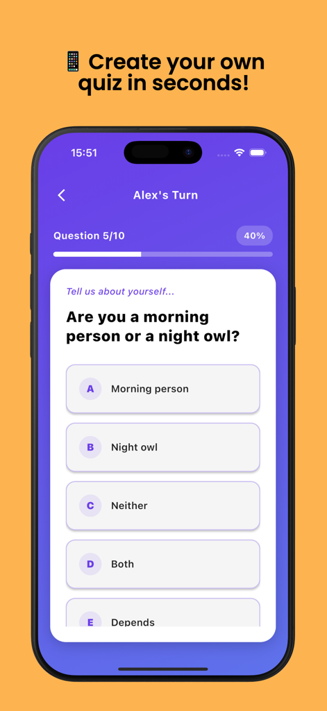 Quiz: How Well Do You Know Me? - Una captura de pantalla de una aplicación de quiz móvil que muestra una pregunta sobre ser una persona mañanera o nocturna con respuestas de opción múltiple.