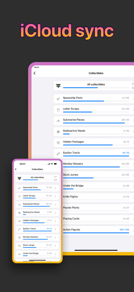 A checklist of GTA 6 collectibles synced via iCloud on iPhone and iPad.