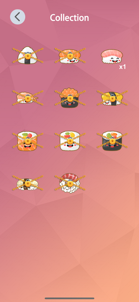 Bump Comba:Sushi - La pantalla de colección en Bump Comba Sushi mostrando personajes de sushi bloqueados detrás de cadenas y candados.