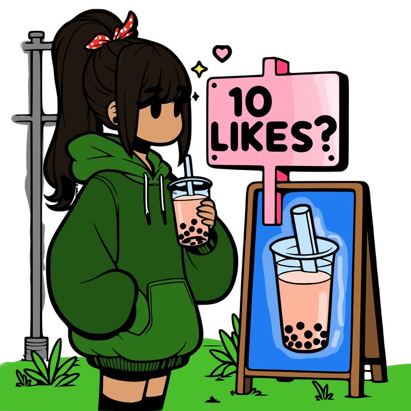 girl with oversized hoodie drinking boba and she has a high ponytail with a sign that says 10likes?