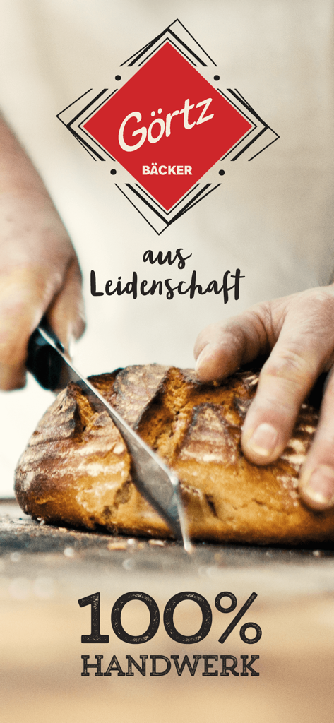 Bäcker Görtz - A baker slicing a fresh rustic loaf of bread with the Gortz logo and 100 percent handcraft text