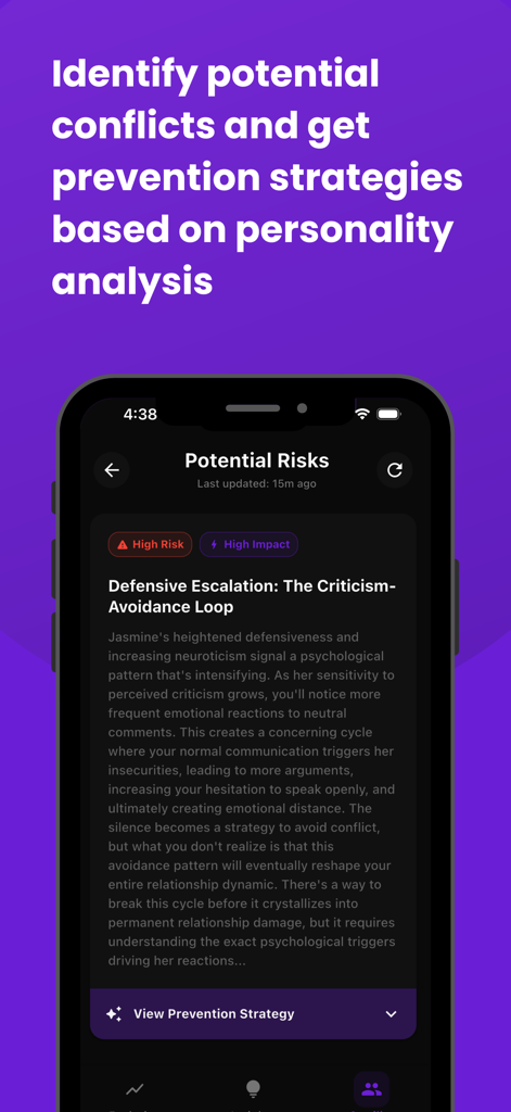 Influence AI - Influence AI app screen displaying personality analysis and prevention strategies for relationship conflicts.