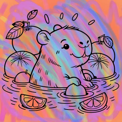 cute capybaras swimming im oranges