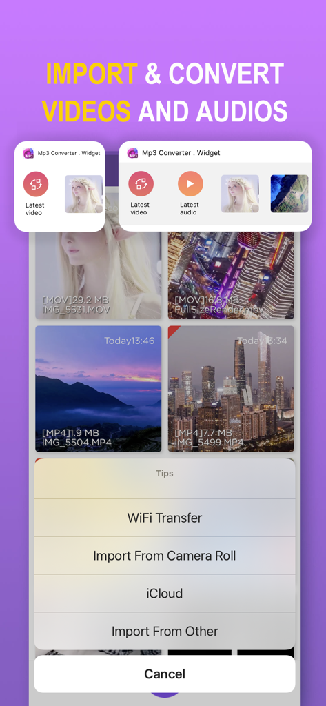 MP3 Converter app screen showing options to import videos from camera roll and iCloud