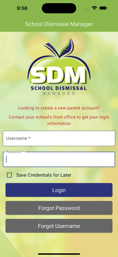 School Dismissal Manager (SDM) - Login screen for the School Dismissal Manager app with username and password input fields