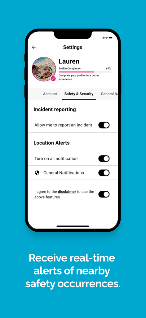 City of Cape Town - Pantalla de configuración de seguridad y protección en la aplicación de la Ciudad del Cabo con reporte de incidentes y alertas de ubicación en tiempo real
