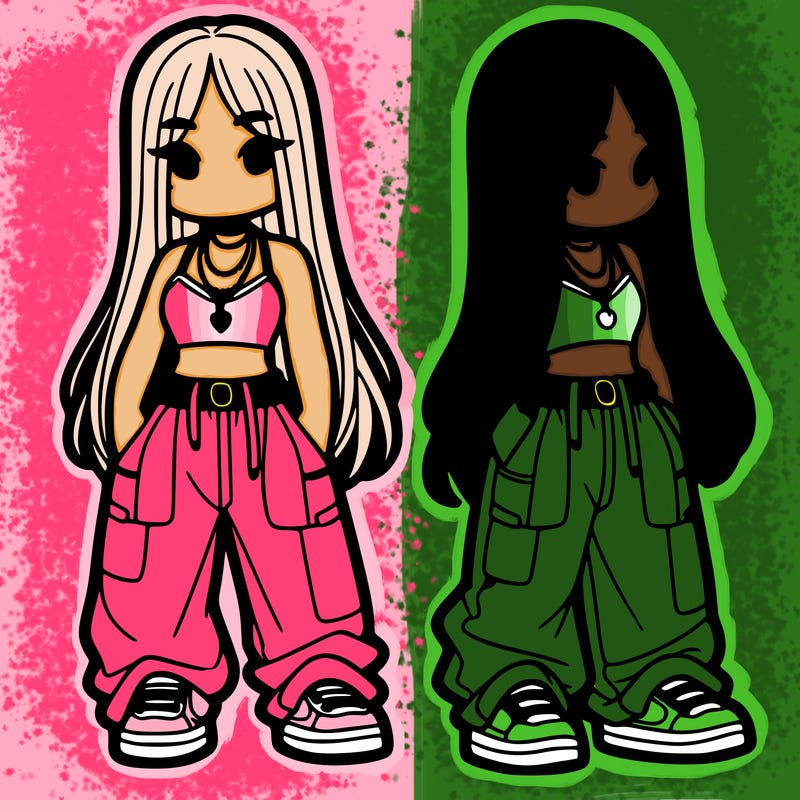 girl in baggy pants crop top and long hair