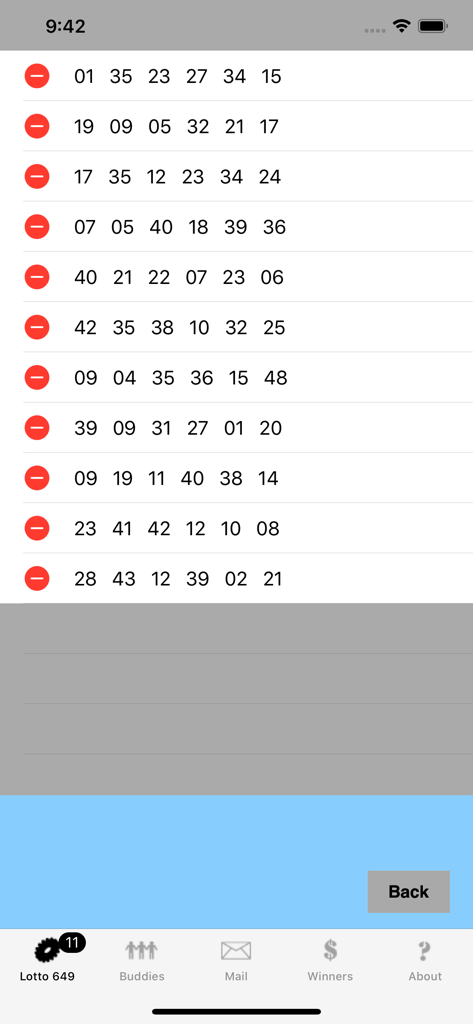i649Buddy - Elenco di combinazioni di numeri del Lotto 649 salvate nel database della cronologia dell'app i649Buddy