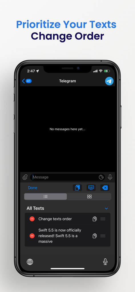 Una captura de pantalla que muestra la extensión de teclado de la aplicación Clipboard con opciones para priorizar y reordenar fragmentos de texto guardados.