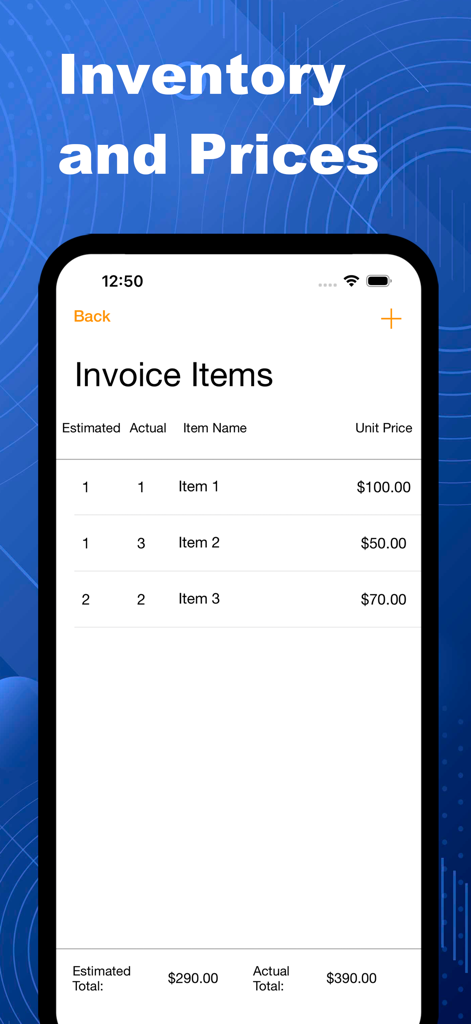 Simple Invoice Creator & Maker - Tela de aplicativo móvel mostrando uma lista de itens de fatura com preços unitários estimados e reais