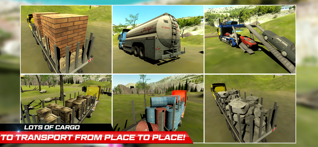 Cargo Dump Truck Driving Pro - Gameplay screenshots of Cargo Dump Truck Driving Pro showing various trucks and cargo types