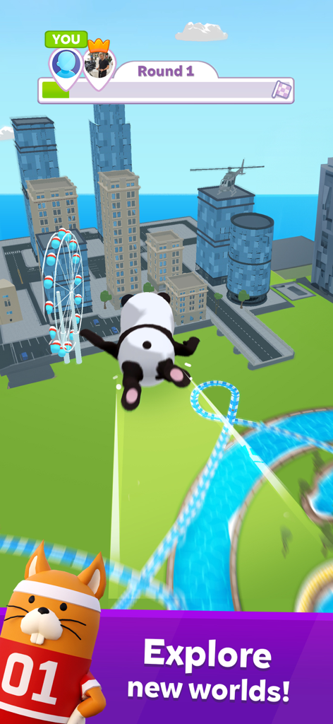 Panda character jumping over a city landscape in aquapark io gameplay