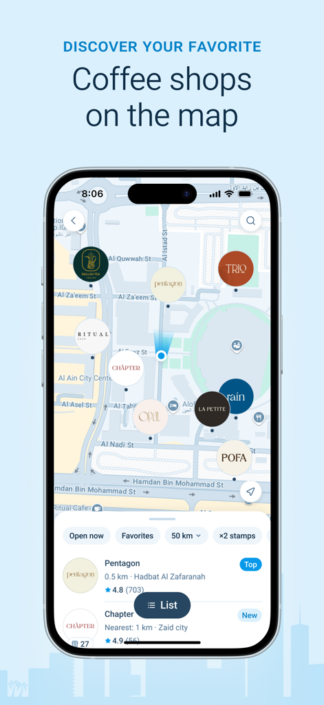 A mobile app interface showing a map with pins for local specialty coffee shops