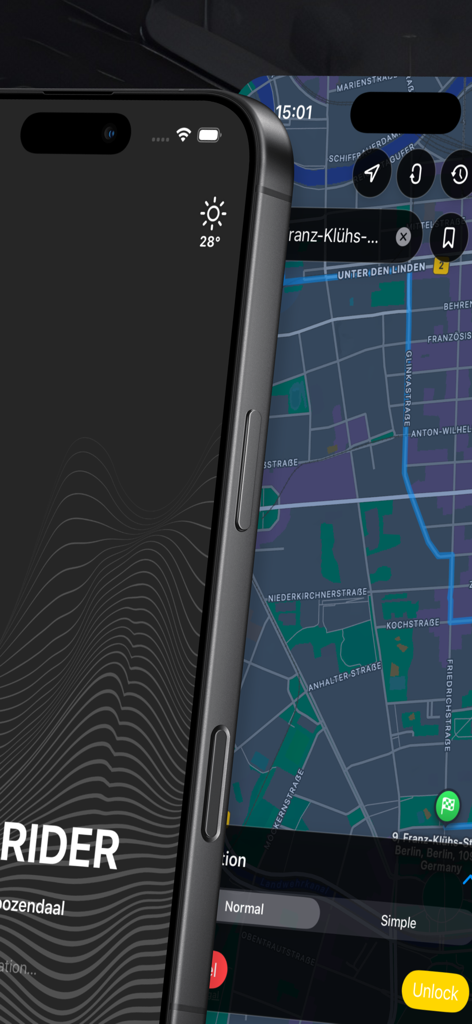 Urban Rider Scooter navigation - Interfaccia della mappa dell'app di navigazione per scooter Urban Rider che mostra un percorso urbano