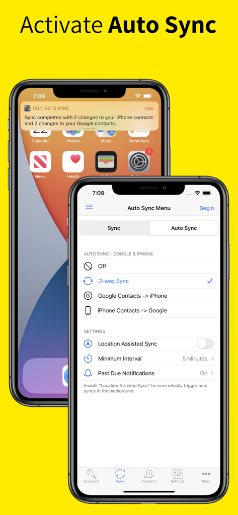 Interface of Contacts Sync Pro showing auto sync settings for two-way contact synchronization between Google and iPhone
