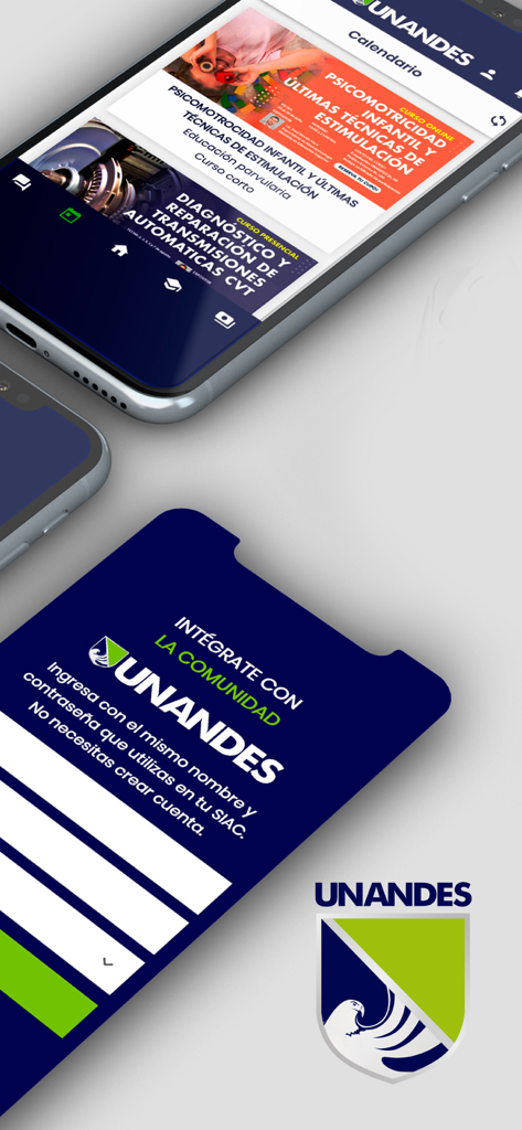 UNANDES - Mobile screens of the UNANDES university app displaying event banners and the student login interface