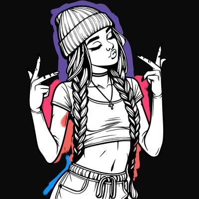 realistic teenage girl with braids and a beanie and crop top doing 🫶🏼