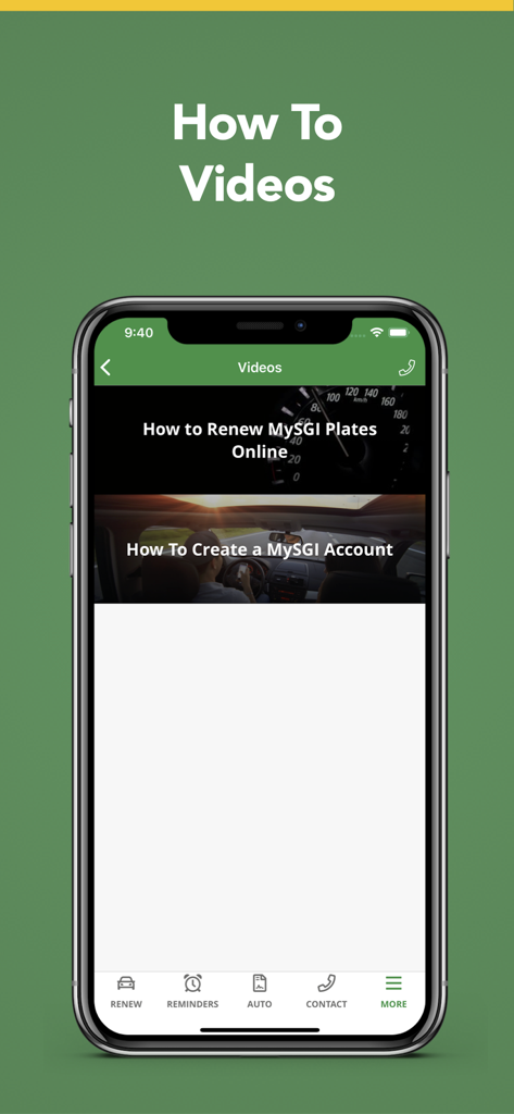 Renew Sask Plates - Screenshot of the Renew Sask Plates app showing a list of instructional videos for plate renewal and account creation.